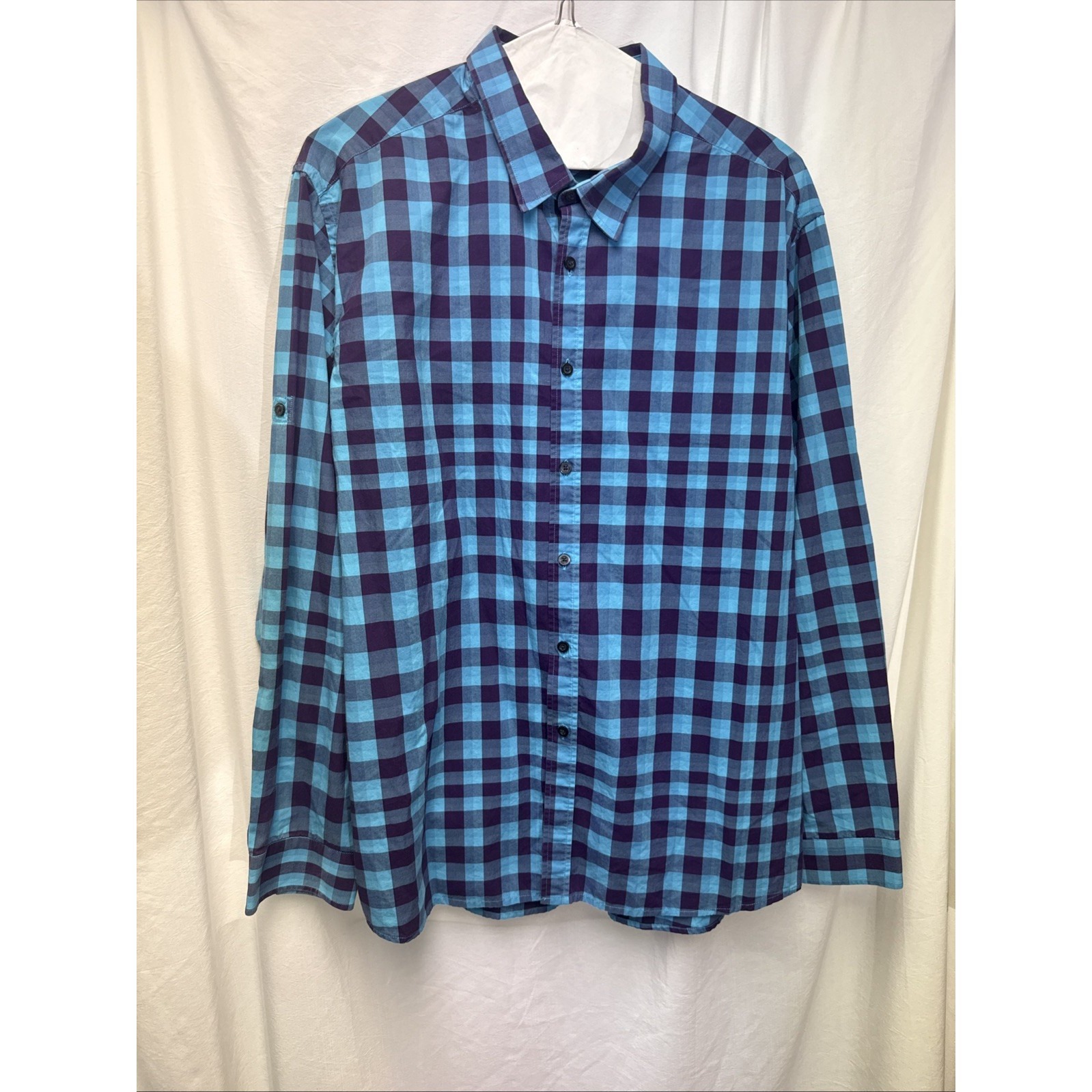 Made Cam Newton Shirt Men Xxl Button Up Long Sleeve Pocket Purple Blue Plaid